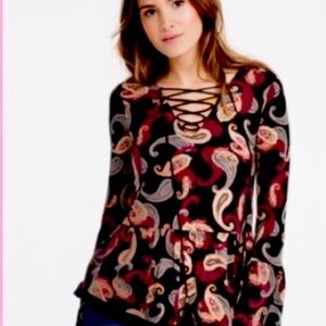 White House Black Market Black and Burgundy Paisley Lace-Up Blouse